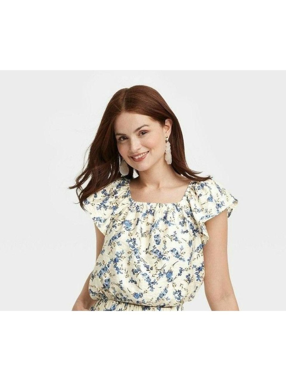 A New Day Blue Cream Floral Square-Neck Blouse with Flutter Sleeves - Size S NWT